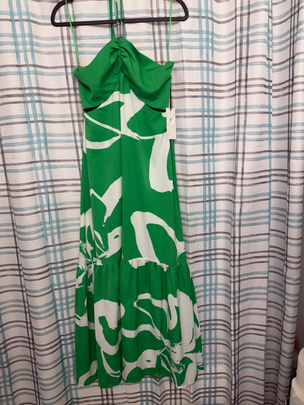 Green Strapless Maxi Dress with White Abstract Print
